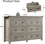 47" 6-drawer farmhouse dresser in grey oak – product size diagram