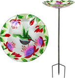 Alpine 10 inch glass stake birdbath with flowers and hummingbird – product view on white