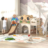 9-in-1 toddler slide and climber playset in brown and white – kids playing on the slide