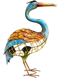 Metal crane garden statue – close-up of the layered copper-tone feathers and wire-frame body