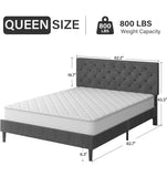 Queen Upholstered Bed Frame with Adjustable Tufted Headboard – Light Grey