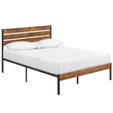Queen Size 82.4”L x 62.1”W Metal Platform Bed Frame with Rustic Wood Headboard & Storage