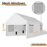 Walsunny 12x20 ft white heavy duty carport canopy with roll-up windows – frame and cover detail