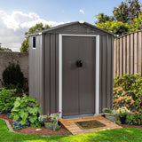 5x3 ft metal outdoor storage shed, dark gray – manufacturer image, assembled in a garden