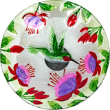 Alpine 10 inch glass stake birdbath with flowers and hummingbird – top view of the hummingbird and flower design