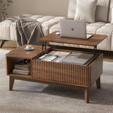 37.4" fluted lift-top coffee table walnut – lifestyle with top raised as workstation