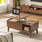 37.4" fluted lift-top coffee table walnut – lifestyle raised top with hidden storage open