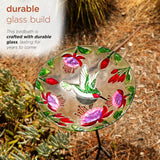 Alpine 10 inch glass stake birdbath with flowers and hummingbird – close-up of the painted glass bowl