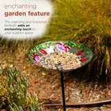 Alpine 10 inch glass stake birdbath with flowers and hummingbird – filled with birdseed in the garden