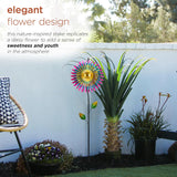 Alpine 47 inch triple daisy wind spinner garden stake – by a patio wall