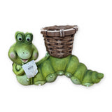 Alpine AOL110 green caterpillar frog planter with brown wicker basket – product view on white