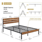 Queen Size 82.4”L x 62.1”W Metal Platform Bed Frame with Rustic Wood Headboard & Storage