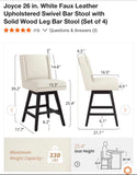 26” Swivel Counter Height Bar Stool White Faux Leather Upholstered Solid Wood Legs