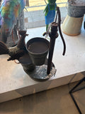 Rustic Metal Hand Water Pump Planter with Dual Buckets & Rooster Garden Decor