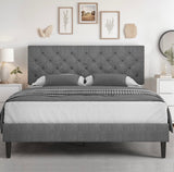 Queen Upholstered Bed Frame with Adjustable Tufted Headboard – Light Grey