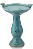 25" Tall Outdoor Ceramic Antique Pedestal Birdbath with 2 Bird Figurines, Turquoise