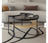 Minimalist Modern Moon-Shaped Coffee Table with Tempered Glass Top and Open Storage Shelf