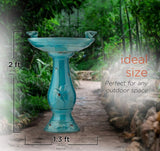 25" Tall Outdoor Ceramic Antique Pedestal Birdbath with 2 Bird Figurines, Turquoise