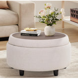 Beige Fabric Round Storage Ottoman with Reversible Tray Lid – Multi-Functional Footrest, Hidden Storage, Sturdy & Stylish Small Coffee Table for Living Room, Bedroom, or Entryway(Beige)