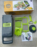 Vegetable Chopper and Slicer Set, 14 Pieces, Multi-Function Kitchen Mandoline with Interchangeable Blades, 13.2 x 4.9 x 3.9 inches, Gray/Green