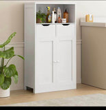 42.5”H White Bathroom Storage Cabinet with 2 Drawers, Doors & Adjustable Shelf