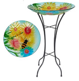 Alpine Corporation 26" Tall Outdoor Glass Floral Bee Birdbath with Metal Stand and Detachable 18" diam Bowl Garden Decor, Yellow