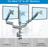 Triple Monitor Stand - Height Adjustable Gas Spring 3 Monitor Arm Desk Mount, Full Motion Articulating Vesa Bracket Fits 13 to 32 Inch Screens with Clamp Grommet Mounting Base