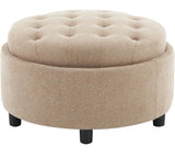 Fabric Round Storage Ottoman with Reversible Tray Lid – Multi-Functional Footrest, Hidden Storage, Sturdy & Stylish Small Coffee Table for Living Room, Bedroom, or Entryway(Camel)
