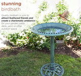 Alpine Corporation TEC116 Outdoor Aged Green Pedestal Birdbath with Scrollwork, 28" Tall, Green