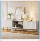 70.8” White Fluted TV Stand Media Console with Gold Legs & Storage Cabinet