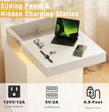 Modern White Fluted Nightstand with LED Light, Charging Station & 3 Drawers – 17.7”W