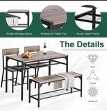 43.3” 4-Piece Dining Table Set with 2 Chairs, Storage Bench & Shelves – Gray & Black