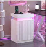 Modern White Fluted Nightstand with LED Light, Charging Station & 3 Drawers – 17.7”W