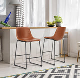 26 Inch Counter Height Bar Stools Set of 2 Faux Leather Kitchen Island Chairs Brown