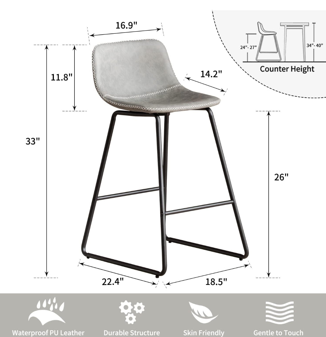 HeuGah Counter Height Bar Stools Set of 4, Counter Stools with Backs, Modern Barstools for Kitchen Island, Bar Stools 26 Inch Seat Height (Grey, 4 pcs 26'' Counter Height barstools)
