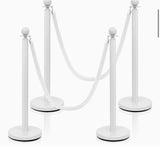 4-Piece 38” White Stainless Steel Crowd Control Stanchion Set with 5 Ft Velvet Ropes