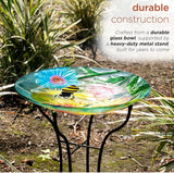 Alpine Corporation 26" Tall Outdoor Glass Floral Bee Birdbath with Metal Stand and Detachable 18" diam Bowl Garden Decor, Yellow