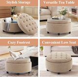 Fabric Round Storage Ottoman with Reversible Tray Lid – Multi-Functional Footrest, Hidden Storage, Sturdy & Stylish Small Coffee Table for Living Room, Bedroom, or Entryway(Camel)