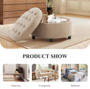 Fabric Round Storage Ottoman with Reversible Tray Lid – Multi-Functional Footrest, Hidden Storage, Sturdy & Stylish Small Coffee Table for Living Room, Bedroom, or Entryway(Camel)