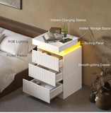 Modern White Fluted Nightstand with LED Light, Charging Station & 3 Drawers – 17.7”W
