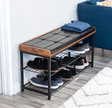 Two Layer Shoe Bench Rack Storage with PU Leather Padded Seat Top, Metal Frame, Rustic Brown