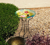 Alpine Corporation 26" Tall Outdoor Glass Floral Bee Birdbath with Metal Stand and Detachable 18" diam Bowl Garden Decor, Yellow