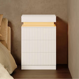 Modern White Fluted Nightstand with LED Light, Charging Station & 3 Drawers – 17.7”W