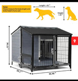 46” Wooden Outdoor Dog House with Run, Raised Floor, Asphalt Roof, Large Kennel, Gray & Black