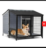 46” Wooden Outdoor Dog House with Run, Raised Floor, Asphalt Roof, Large Kennel, Gray & Black