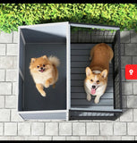 46” Wooden Outdoor Dog House with Run, Raised Floor, Asphalt Roof, Large Kennel, Gray & Black