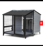 46” Wooden Outdoor Dog House with Run, Raised Floor, Asphalt Roof, Large Kennel, Gray & Black