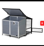 46” Wooden Outdoor Dog House with Run, Raised Floor, Asphalt Roof, Large Kennel, Gray & Black