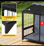 46” Wooden Outdoor Dog House with Run, Raised Floor, Asphalt Roof, Large Kennel, Gray & Black