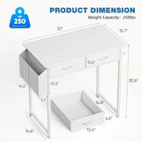 32 inch Small Desk with Drawers, Modern Study Writing Table Computer Desks with Storage Bag & Hook for Bedroom Home Office, White